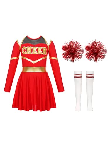 Kaerm Kinder Mädchen Cheerleaderin Kostüm Langarm Cheer Leader Kleid Metallic Patchwork Tanzkleid Mit Pompons Strümpfe Tanzkleidung Für 5-16 Jahre B Rot 134-140 von Kaerm