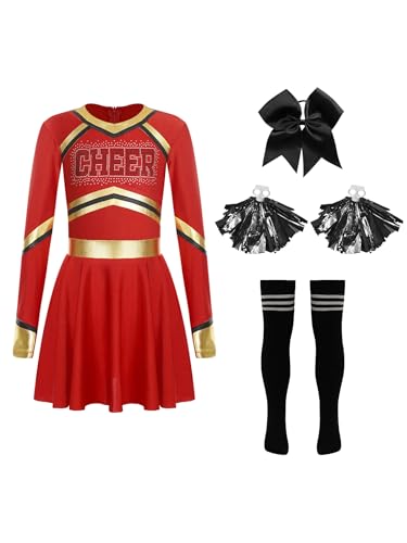 Kaerm Kinder Mädchen Cheerleaderin Kostüm Langarm Partykleid A Linien Tanzkleid Mit Pompons Stirnband Strümpfe Für Fasching Karneval Rot 134-140 von Kaerm