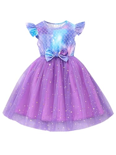 Kaerm Kinder Mädchen Meerjungfrau Kostüm Fischschuppen Print Tanzkleid Tutu Festlich Fliegend Ärmel Abendkleid Mit Glitzer Sterne Tüllrock Streetwear Violett 116-122 von Kaerm