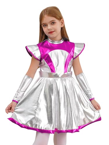 Kaerm Kinder Mädchen Metallic Kleid Glänzend Tanzkleid Fliegenärmel Partykleid Festlich Mit Armlinge 2tlg Alien Kostüm Für Fasching Karneval Mottoparty Hot Pink 170 von Kaerm