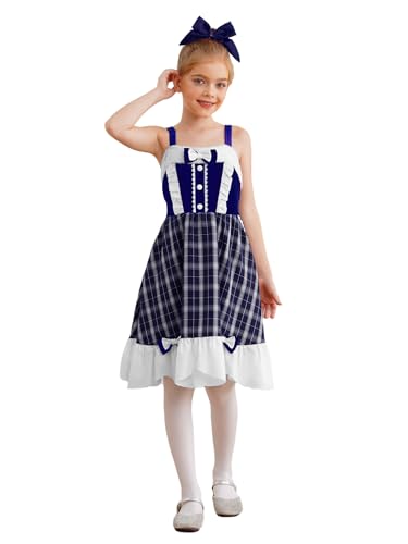 Kaerm Kinder Mädchen Weihnachten Kostüm Ärmellos Kariert Kleid A Linien Samtkleid Patchwork Partykleid A Linien Mit Fellbesatz Und Schleife Gr. 110-170 Navy blau 122-128 von Kaerm