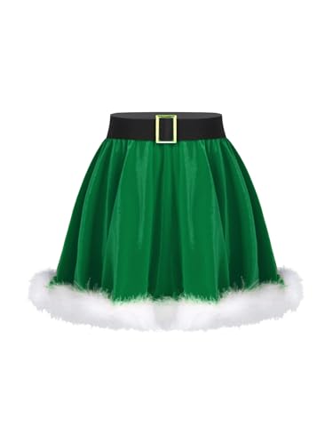 Kaerm Kinder Mädchen Weihnachten Kostüm Samt Minirock High Waist Faltenrock A Linien Winterrock Mit Federbesatz Weihnachtsoutfit Grün 170-176 von Kaerm