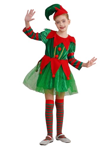 Kaerm Kinder Mädchen Weihnachten Wichtel Kostüm Langarm Samtkleid Gezackt Saum Winterkleid Mit Tüllrock Elfenhut Streifen Strümpfe 3tlg Weihnachtsoutfit Grün 122-128 von Kaerm