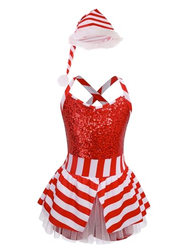 Kaerm Kinder Mädchen Weihnachten Zuckstangen Kostüm Pailletten Turnanzug Ärmellos Ballettanzug Streifen Leotard Mit Federbesatz Weihnachtshut Outfits Rot 110-116 von Kaerm