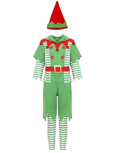 Kaerm Kinder Mädchen Weihnachtskostüm Langarm Gezackt Saum Shirt Mit Grün Shorts Gürtel Streifen Beinwärmer Weihnachtshut 5tlg Outfits Grün 110-116 von Kaerm