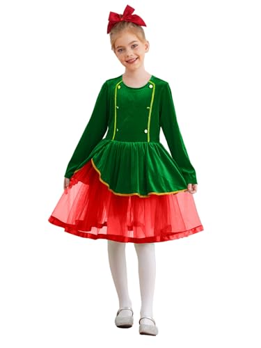 Kaerm Kinder Mädchen Weihnachtswichtel Kostüm Langarm Elfenkleid Samt Winterkleid A Linien Partykleid Mit Tüll Tutu Rock Festlich Outfits Grün 158-164 von Kaerm