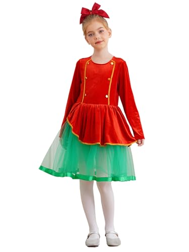 Kaerm Kinder Mädchen Weihnachtswichtel Kostüm Langarm Elfenkleid Samt Winterkleid A Linien Partykleid Mit Tüll Tutu Rock Festlich Outfits Rot 110-116 von Kaerm