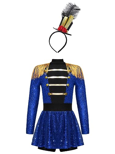 Kaerm Kinder Mädchen Zirkus Kostüm Pailletten Glitzer Dompteurin Kleid Langarm Tanzkleid Mit Zylinder Hut Für Fasching Karneval Mottoparty Blau 110-116 von Kaerm