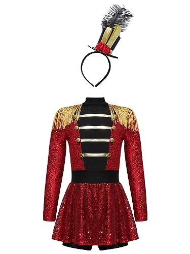 Kaerm Kinder Mädchen Zirkus Kostüm Pailletten Glitzer Dompteurin Kleid Langarm Tanzkleid Mit Zylinder Hut Für Fasching Karneval Mottoparty Rot 110-116 von Kaerm