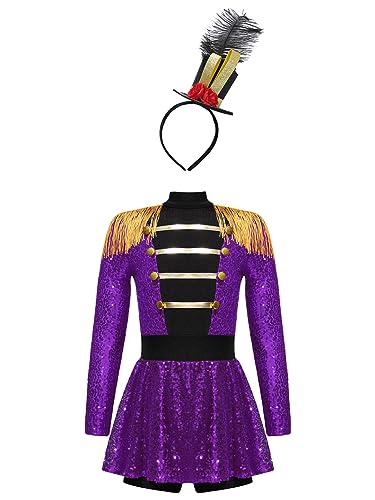 Kaerm Kinder Mädchen Zirkus Kostüm Pailletten Glitzer Dompteurin Kleid Langarm Tanzkleid Mit Zylinder Hut Für Fasching Karneval Mottoparty Violett 110-116 von Kaerm