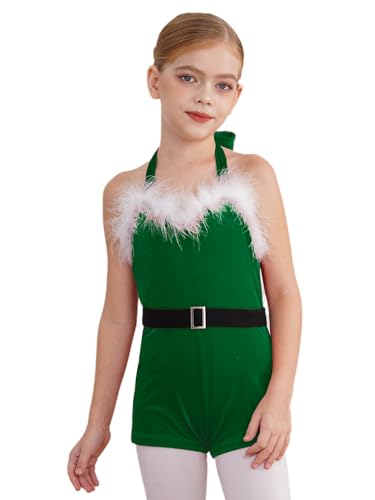 Kaerm Kinder Weihnachten Kostüm Ballettanzug Mädchen Ärmellos Samt Overall Kurz Jumpsuit Fellbesatz Trikotanzug Wettbewerb Tanzkostüm Grün 122-128 von Kaerm