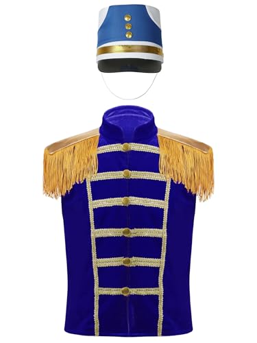 Kaerm Marching Band Kostüm Kinder Junge Mädchen Majorette Kostüm Ärmellos Fransenjacke Stehkragen Mantel Mit Major Hut Drummer Uniform Blau A 146-152 von Kaerm