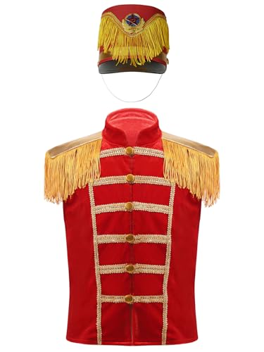 Kaerm Marching Band Kostüm Kinder Junge Mädchen Majorette Kostüm Ärmellos Fransenjacke Stehkragen Mantel Mit Major Hut Drummer Uniform Rot B 158-164 von Kaerm