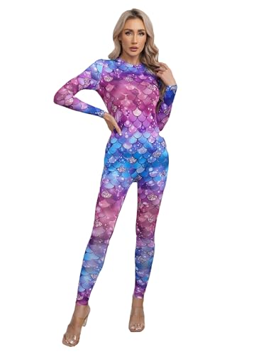 Kaerm Meerjungfrau Kostüm Damen Ganzkörper Body Fischschuppen Print Bodysuit Langarm Strampler Motiv Jumpsuit Fasching Karneval Mottoparty Outfit Typ A L von Kaerm