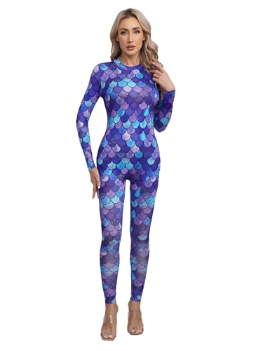 Kaerm Meerjungfrau Kostüm Damen Ganzkörper Body Fischschuppen Print Bodysuit Langarm Strampler Motiv Jumpsuit Fasching Karneval Mottoparty Outfit Typ C XL von Kaerm