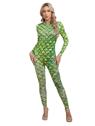 Kaerm Meerjungfrau Kostüm Damen Ganzkörper Body Fischschuppen Print Bodysuit Langarm Strampler Motiv Jumpsuit Fasching Karneval Mottoparty Outfit Typ F M von Kaerm