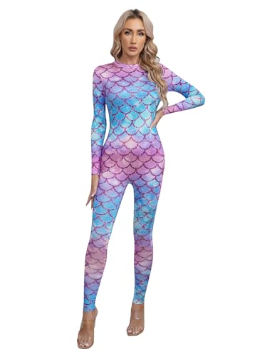 Kaerm Meerjungfrau Kostüm Damen Ganzkörper Body Fischschuppen Print Bodysuit Langarm Strampler Motiv Jumpsuit Fasching Karneval Mottoparty Outfit Typ G M von Kaerm