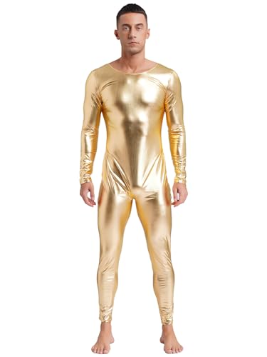 Kaerm Metallic Body Herren Ganzkörper Langarm Overall Glänzend Jumpsuit Einteiler Tanzanzug Party Disco Kostüm Gold XXL von Kaerm