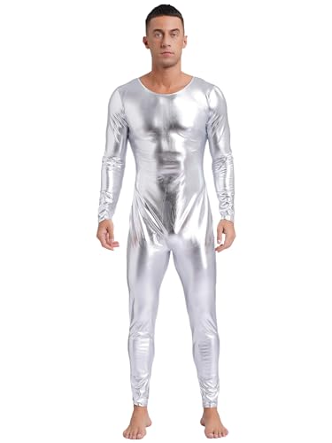 Kaerm Metallic Body Herren Ganzkörper Langarm Overall Glänzend Jumpsuit Einteiler Tanzanzug Party Disco Kostüm Silber 3XL von Kaerm