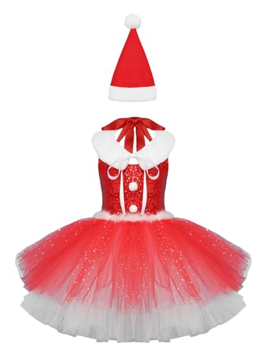 Kaerm Miss Santa Claus Kleid Baby Mädchen Weihnachten Kostüm Pailletten Cocktailkleid Mit Glitzer Tüllrock Fellkragen Nikolausmütze Weihnachtsoutfit Rot 110-116 von Kaerm