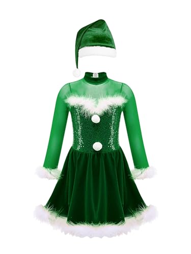 Kaerm Miss Santa Claus Kleid Kinder Mädchen Langarm Elfenkleid Pailletten Glitzer Tanzkleid Mit Federbesatz Nikolausmütze Weihnachtsfeier Outfit Grün 134-140 von Kaerm