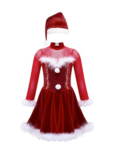 Kaerm Miss Santa Claus Kleid Kinder Mädchen Langarm Elfenkleid Pailletten Glitzer Tanzkleid Mit Federbesatz Nikolausmütze Weihnachtsfeier Outfit Rot 170 von Kaerm