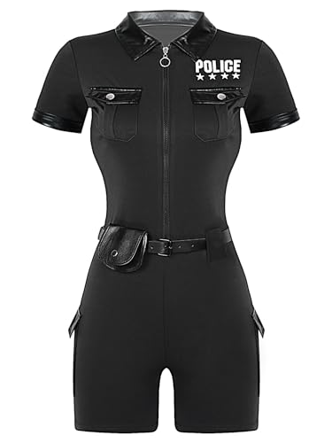 Kaerm Polizistin Kostüm Damen Jumpsuit Kurzarm Overall Reverskragen Strampler Reißverschluss Vorne Bodysuit Mit Gürtel Handtasche Cosplay Verkleidung Schwarz L von Kaerm