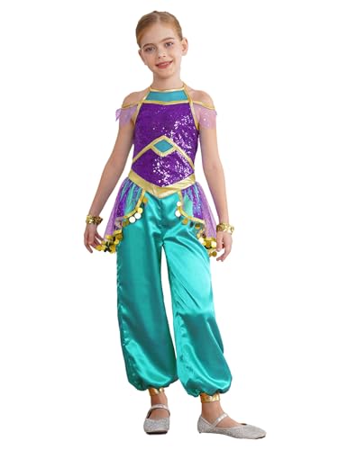 Kaerm Prinzessin Jasmin Kostüm Kinder Mädchen Bauchtänzerin Outfit Film Aladin Bauchtanz Tüll Ganzanzug Tanzanzug Für Fasching Karneval Mottoparty Violett 146-152 von Kaerm