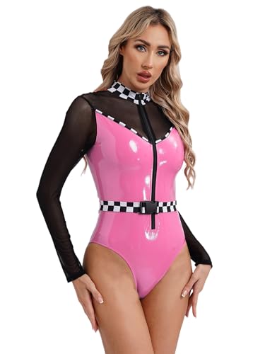 Kaerm Rennfahrer Overall Damen Kurz Jumpsuit Langarm Pu Leder Body Kariert Catsuit Mesh Patchwork Ballettanzug Fasching Karneval Cosplay Rosa L von Kaerm