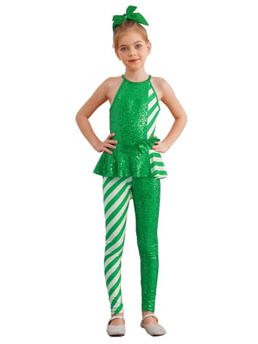 Kaerm Tanzanzug Mädchen Lang Kinder Weihnachten Zuckerstange Kostüm Pailletten Glitzer Overall Ärmellos Jumpsuit Streifen Ganzkörper Body Tanzkostüm Grün 122-128 von Kaerm