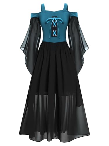 Kaerm Viktorianisch Kleid Mädchen Lang Kinder Trompetenärmel Partykleid Punk Gothic Renaissance Kleid Schulterfrei Abendkleid Viktorianisch Kostüm Dunkelblau 110-116 von Kaerm