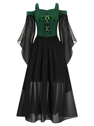 Kaerm Viktorianisch Kleid Mädchen Lang Kinder Trompetenärmel Partykleid Punk Gothic Renaissance Kleid Schulterfrei Abendkleid Viktorianisch Kostüm Grün 170 von Kaerm