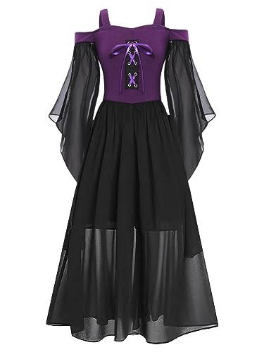 Kaerm Viktorianisch Kleid Mädchen Lang Kinder Trompetenärmel Partykleid Punk Gothic Renaissance Kleid Schulterfrei Abendkleid Viktorianisch Kostüm Violett 122-128 von Kaerm