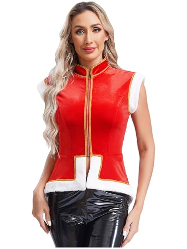 Kaerm Weihnachten Weste Damen Weihnachtsfeier Outfit Stehkragen Samt Plüschweste Ärmellos Jacke Goldenbesatz Mantel Mit Unregelmäßig Fellsaum Rot 3XL von Kaerm