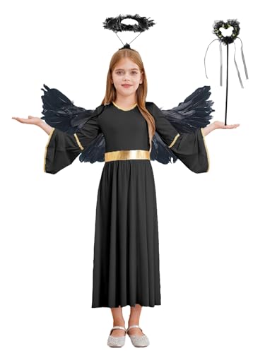 Kaerm Weihnachtsengel Kostüm Mit Flügeln Engel Heiligenschein Kinder Engelskostüm Für Party Karneval Halloween Gr. 110-170 A Schwarz 110-116 von Kaerm