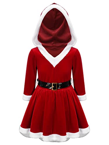 Kaerm Weihnachtsfrau Kleid Mädchen Miss Santa Claus Kostüm Kinder Langarm Kapuzenkleid Fellbesatz Partykleid Samt Balkleid Mit Gürtel Weihnachtskostüm Rot 158-164 von Kaerm