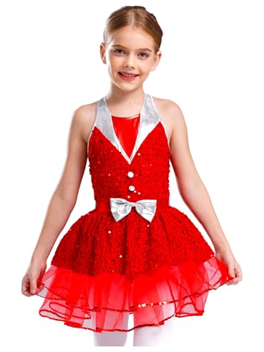 Kaerm Weihnachtskleid Flauschig Kinder Mädchen Pailletten Glitzer Ballettkleid Langarm Samtkleid Rüschen Tanzkleid Tutu Weihnachtsfeier Outfit Rot 158-164 von Kaerm