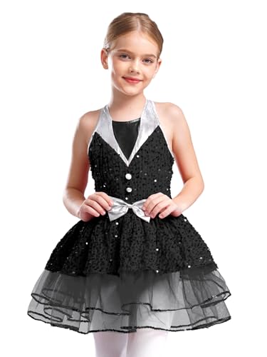 Kaerm Weihnachtskleid Flauschig Kinder Mädchen Pailletten Glitzer Ballettkleid Langarm Samtkleid Rüschen Tanzkleid Tutu Weihnachtsfeier Outfit Schwarz 146-152 von Kaerm