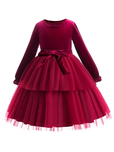 Kaerm Weihnachtskleid Mädchen Langarm Kinder Festliches Ballkleid Rundhals Cocktailkleid A Linien Partykleid Mit Gestuftes Tüllrock Tutu Burgundy 110-116 von Kaerm