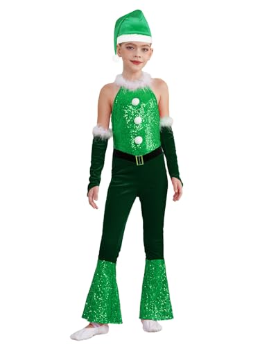 Kaerm Weihnachtskostüm Kinder Mädchen Ärmellos Overall Pailletten Jumpsuit Samt Schlaghose Mit Elfenmütze Armstulpen Weihnachtsoutfit Grün 146-152 von Kaerm