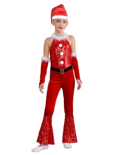 Kaerm Weihnachtskostüm Kinder Mädchen Ärmellos Overall Pailletten Jumpsuit Samt Schlaghose Mit Elfenmütze Armstulpen Weihnachtsoutfit Rot 110-116 von Kaerm