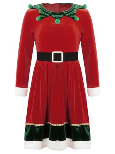 Kaerm Weihnachtskostüm Kinder Mädchen Langarm Elfenkleid Gezackt Saum Partykleid A Linien Cocktailkleid Weihnachtsfeier Weihnachtsparty Outfit Rot 128-140 von Kaerm