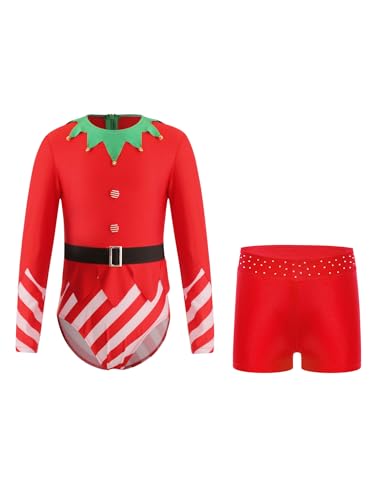 Kaerm Weihnachtskostüm Kinder Mädchen Tanzanzug Langarm Body Streifen Patchwork Tanztrikot Mit Tanzshorts Weihnachtsoutfit Rot 158-164 von Kaerm