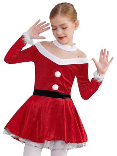 Kaerm Weihnachtswichtel Kostüm Kinder Mädchen Miss Santa Claus Kleid Langarm Samtkleid Plüsch Winterkleid A Linien Mit Glänzend Strass Weihnachtsoutfit Rot 110-116 von Kaerm