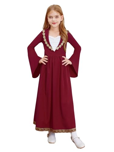 Kaerm Wikinger Kleid Kinder Mädchen Mittelalter Renaissance Kostüm Vintage Kleid Langarm Partykleid Festlich Mit Goldenbesatz Cosplay Verkleidung Burgundy 158-164 von Kaerm