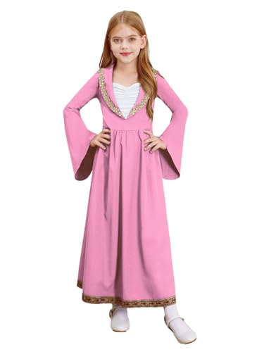 Kaerm Wikinger Kleid Kinder Mädchen Mittelalter Renaissance Kostüm Vintage Kleid Langarm Partykleid Festlich Mit Goldenbesatz Cosplay Verkleidung Rosa 170 von Kaerm