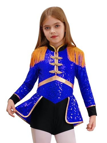 Kaerm Zirkus Akrobatik Kostüm Kinder Mädchen Tanzkleidung Pailletten Glitzer Body Langarm Fransen Quaste Overall Cut Out Jumpsuit Für Fasching Karneval Königsblau 134-140 von Kaerm