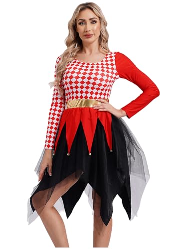 Kaerm Zirkus Kostüm Damen Zirkusdirektorin Kleid Langarm Kariert Patchwork Tanzkleid Tüll Partykleid Mit Asymetrisch Rock Dancewear Rot L von Kaerm