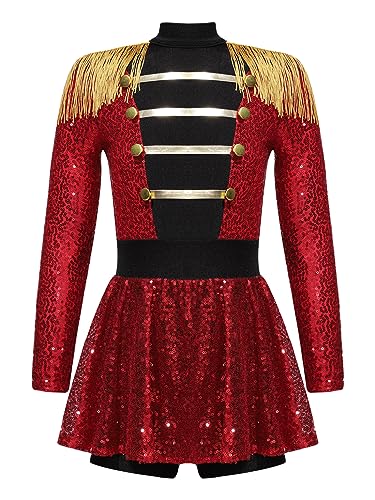 Kaerm Zirkus Kostüm Kinder Mädchen Akrobatik Anzug Langarm Pailletten Tanzkleid Fransen Quasten Trikotanzug Stehkragen Overall Mit Wickelrock Dancewear Rot 170-176 von Kaerm