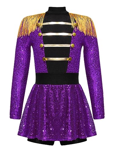 Kaerm Zirkus Kostüm Kinder Mädchen Akrobatik Anzug Langarm Pailletten Tanzkleid Fransen Quasten Trikotanzug Stehkragen Overall Mit Wickelrock Dancewear Violett 122-128 von Kaerm